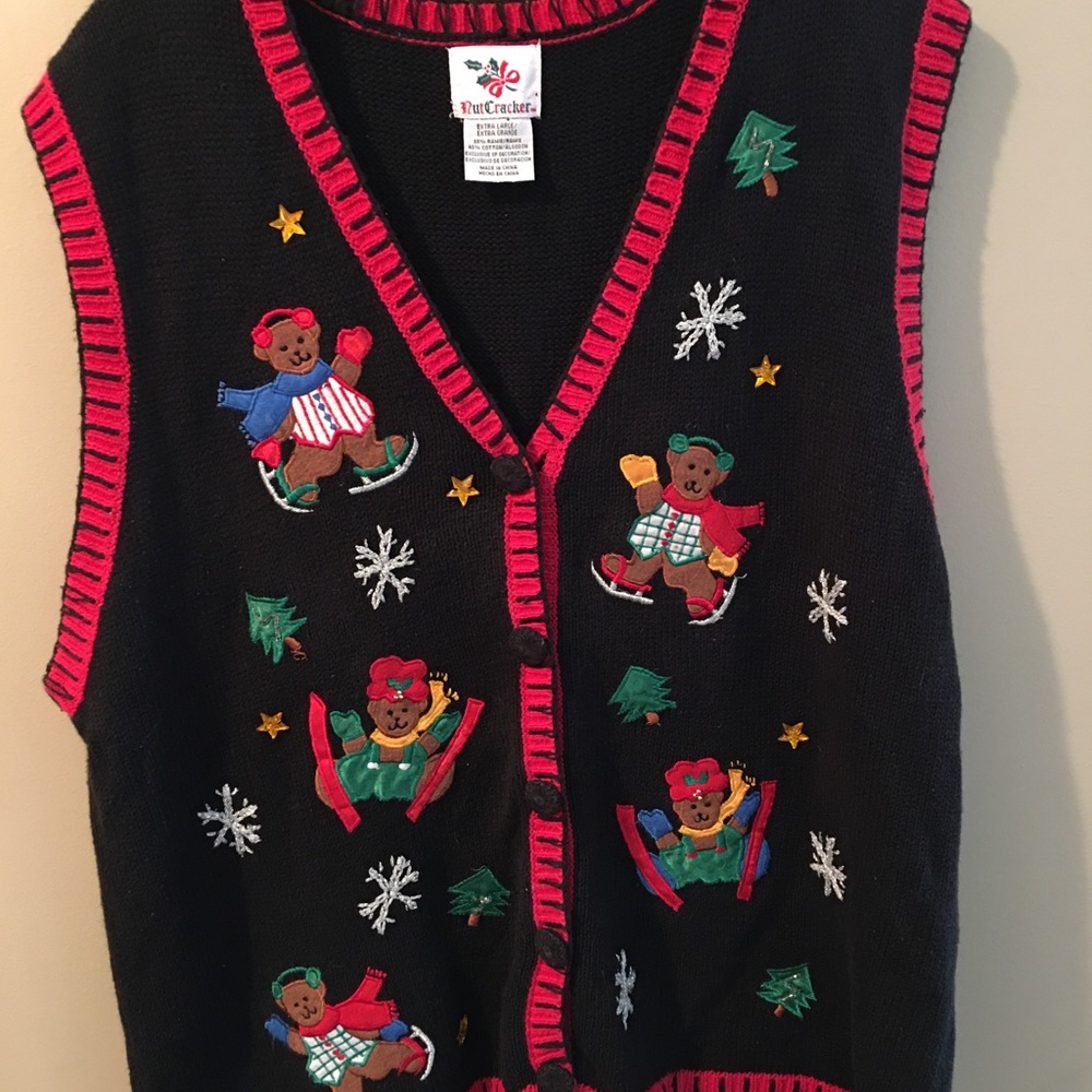 Vintage Nutcracker "Ugly" Christmas Sweater Vest Bears Skating Skiing Size XL